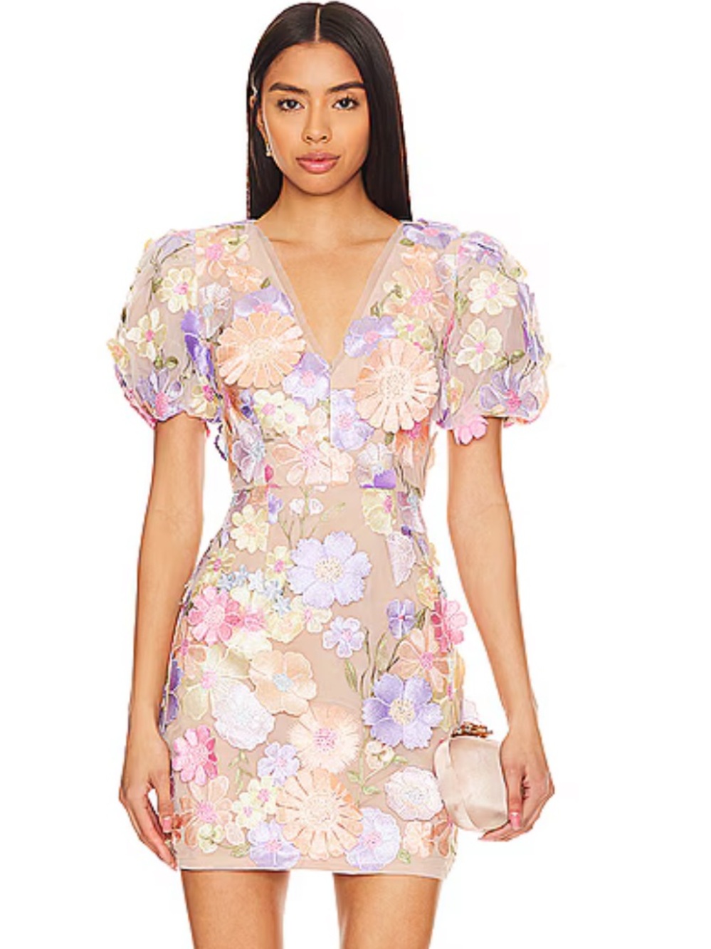 Elliatt Anthea Embroidered V-Neck Mini Dress in Multi Pastel NWT